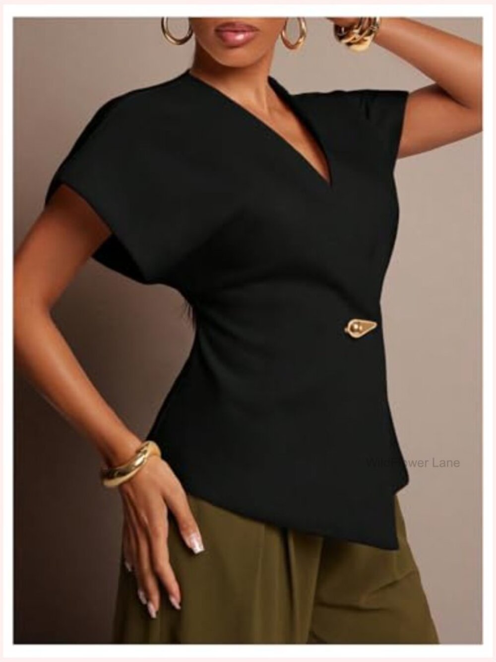 Women's V Neck Asymmetrical Blouse Short Sleeve Waistcoat Work Tops - Picture 3 of 5